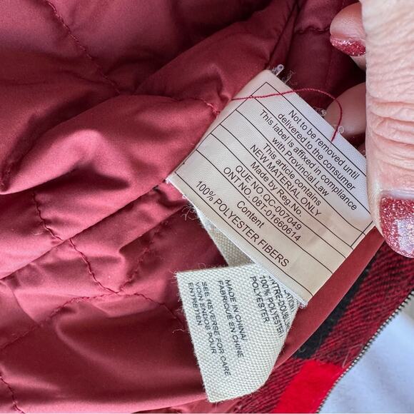 WOOLRICH Red Plaid Bomber Jacket Full Zipper Qulited Sherpa Large Women Wool - Picture 13 of 14